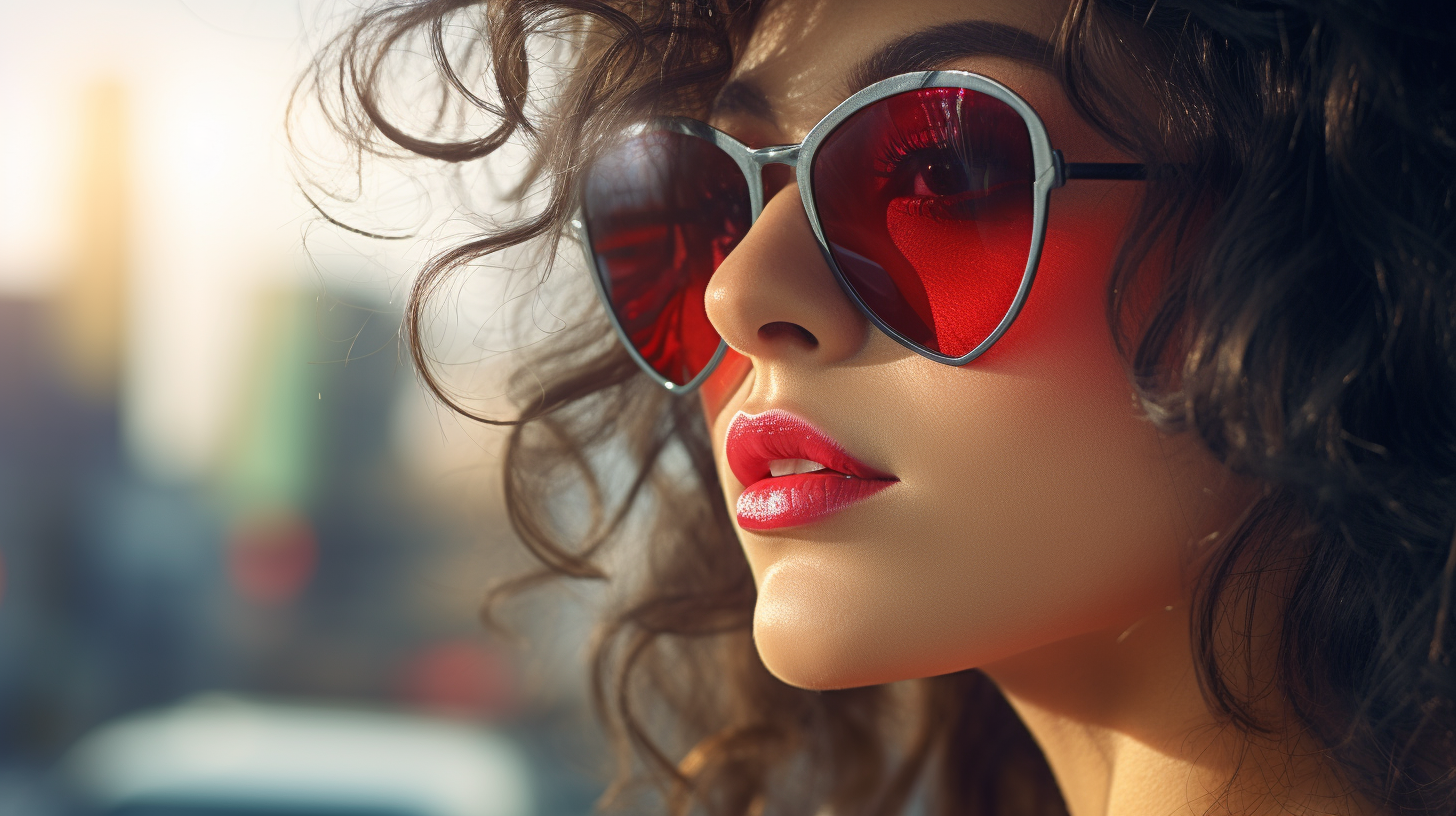 A close-up shot of a confident woman wearing a pair of stylish sunglasses. The focus on her eyes and the sunglasses, capturing the reflection of a scenic view or cityscape in the lenses