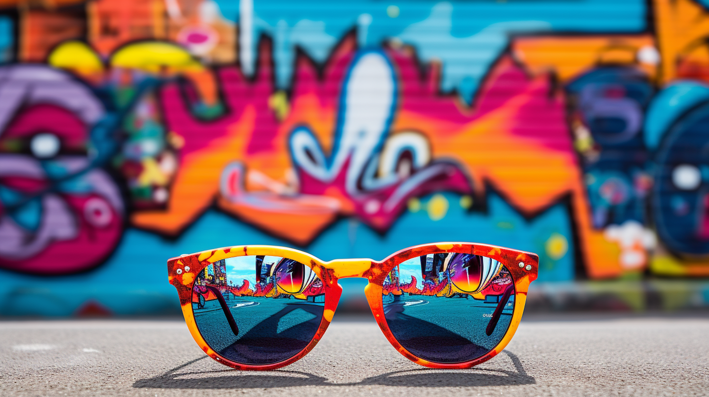 Stylish sunglasses with a colorful frame and mirrored lenses, laid out on a city street, evoking a vibrant summer vibe.
