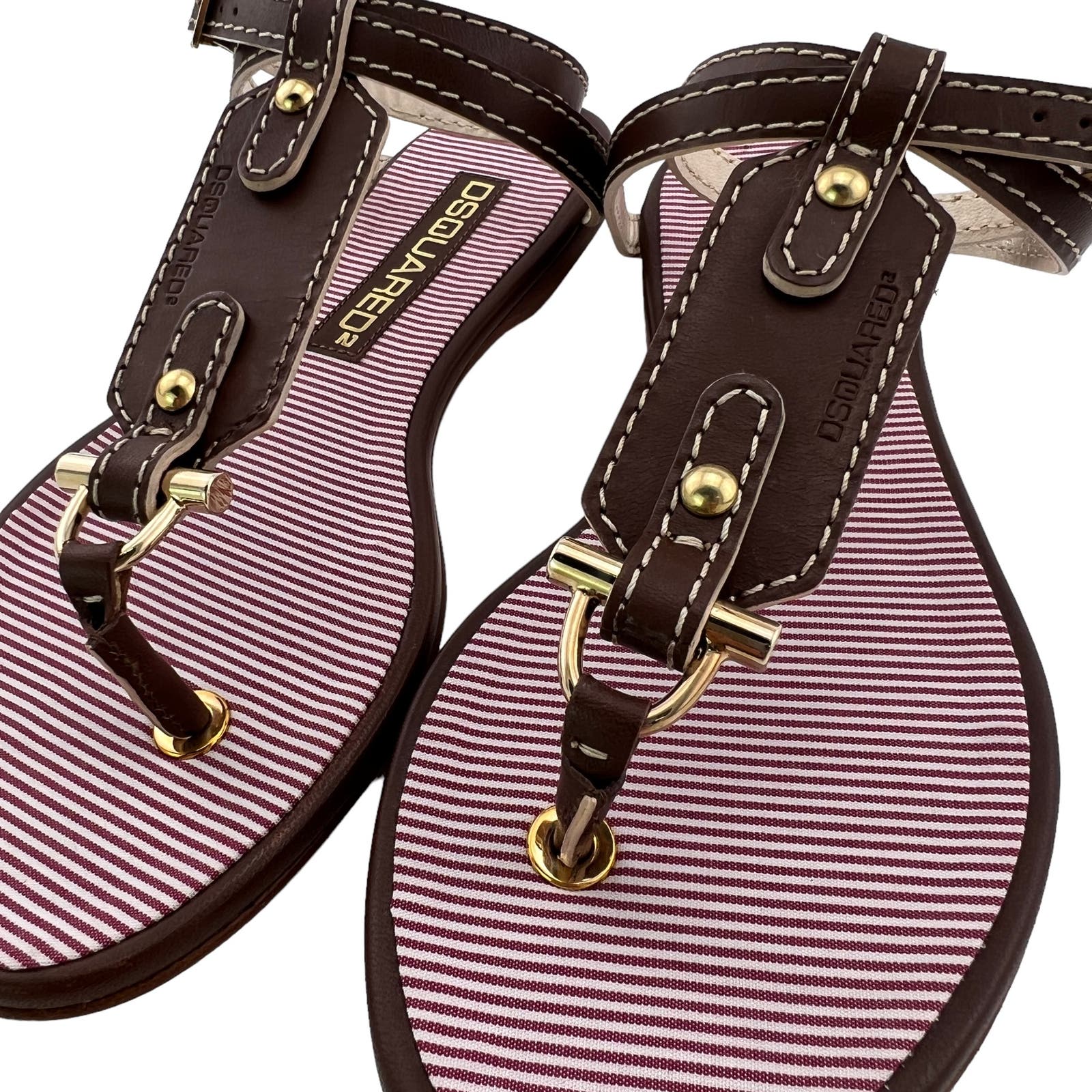 Dsquared2 Women US 6 Gold Brown Leather T-Strap Flat Thong Sandals