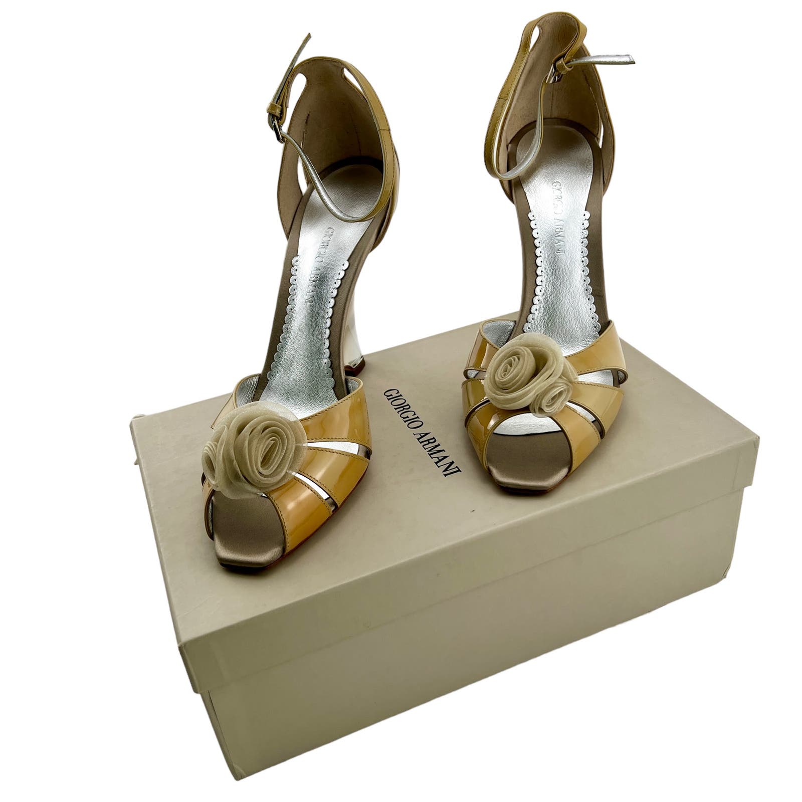 Giorgio Armani Women Nude Patent Leather Heels Slim Wedge Sandals