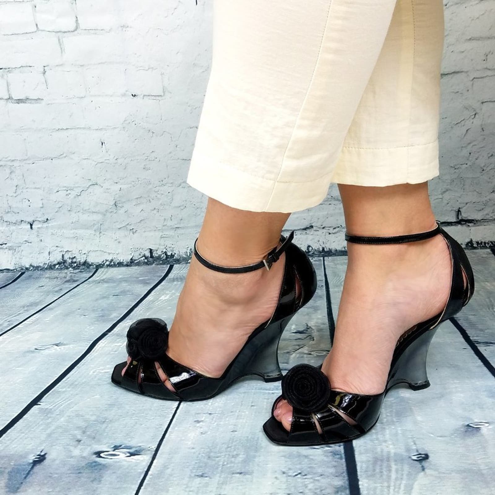 Giorgio Armani Women US 9 Black Leather Wedge Heels Peep Toe Pumps Shoes