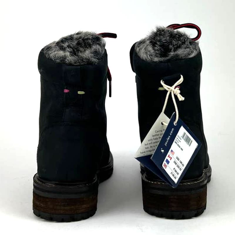 Joules Women US 5 Black Leather Faux Fur Hiking Ankle Snow Boots