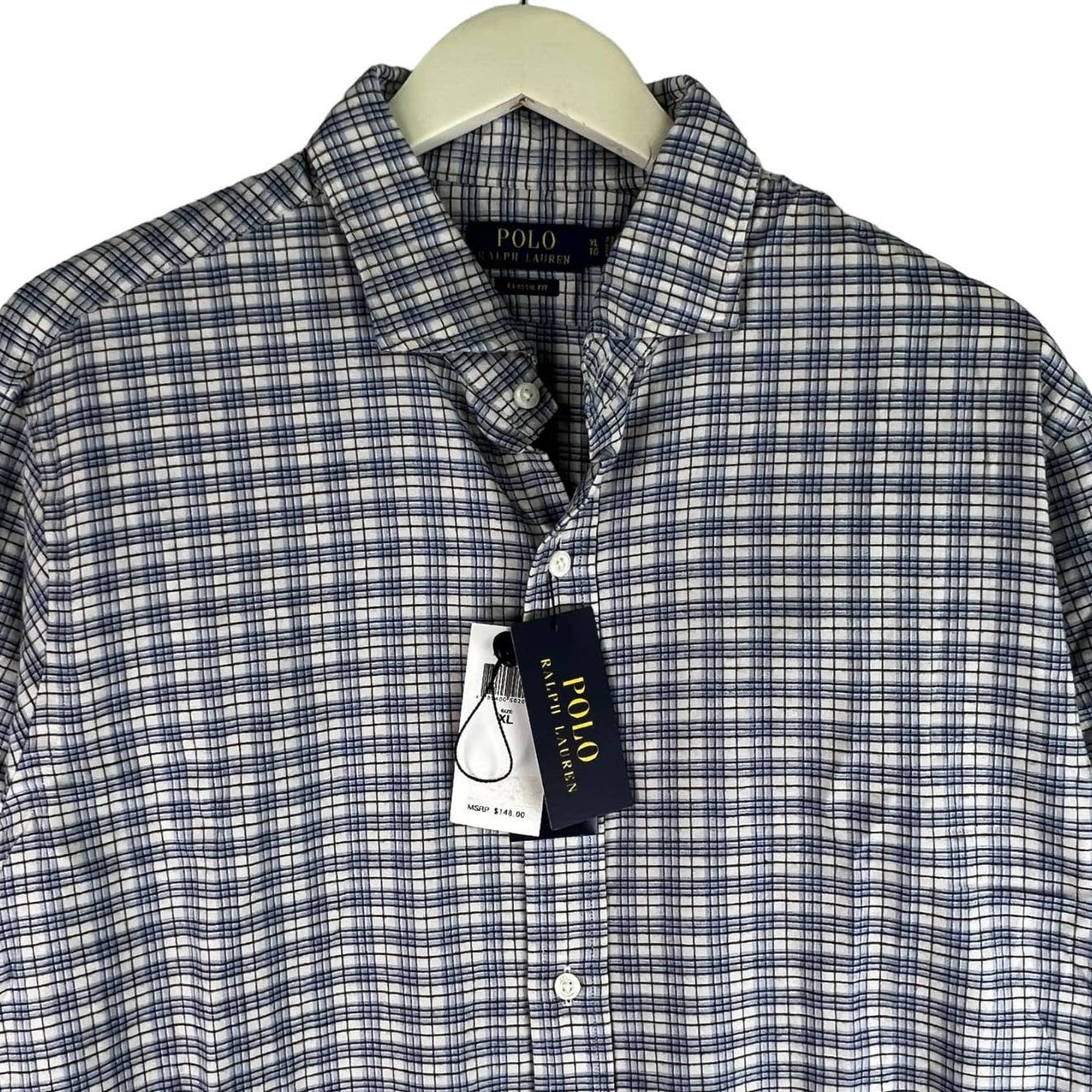 Polo By Ralph Lauren Men White Gray Plaid Button Down Long Sleeve US XL