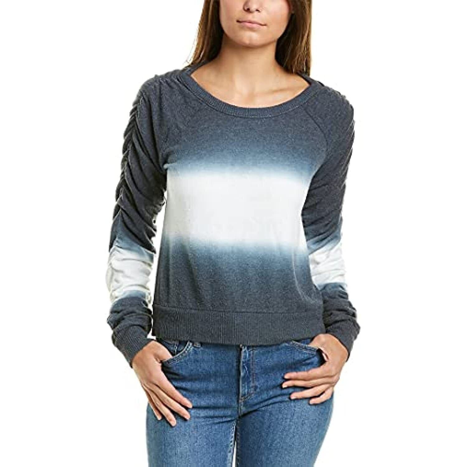Chaser Women Grey White Sweater US M Sweatshirt Ruched Sleeves
