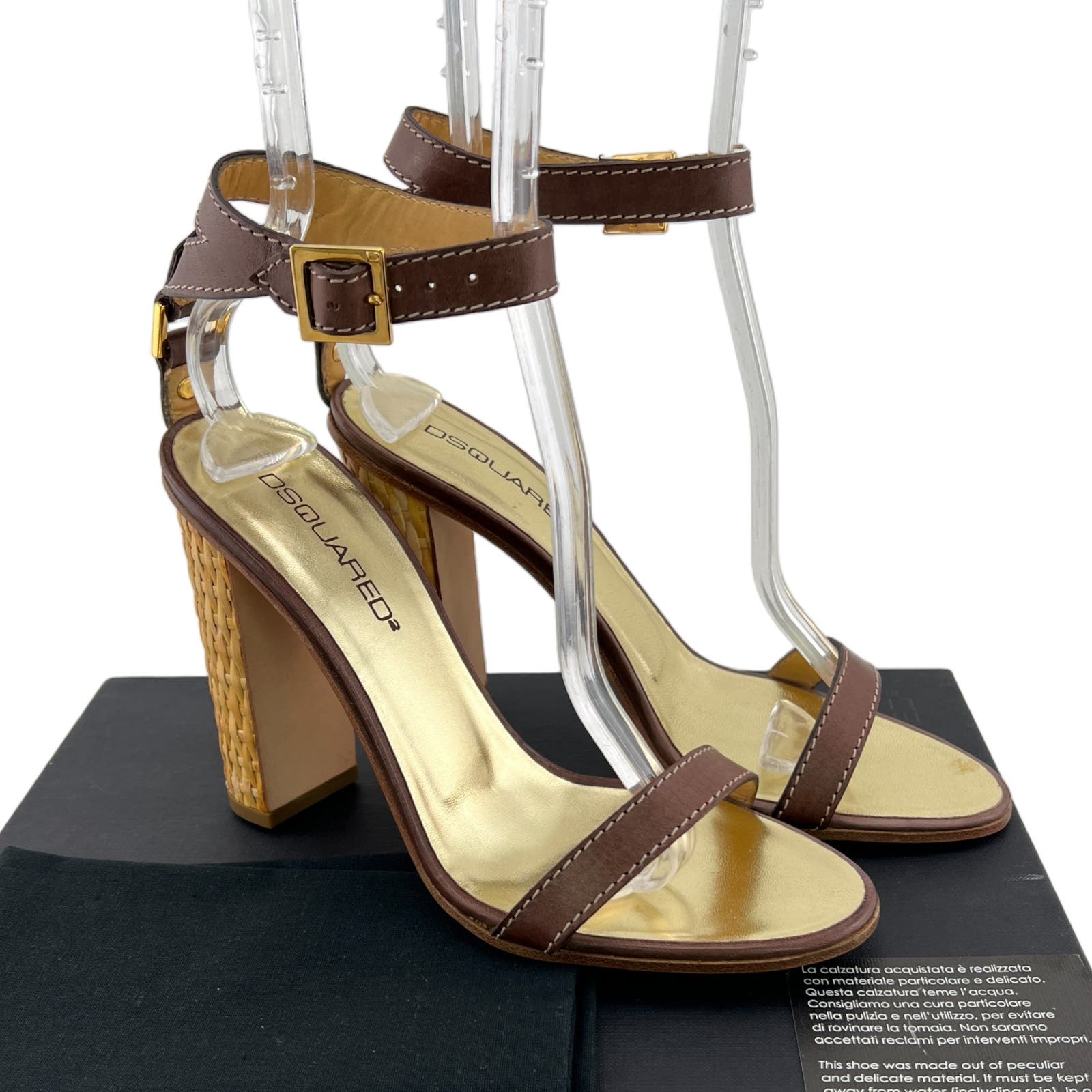 DSQUARED2 Women US 8 Brown Gold Leather Block Heel Ankle Strap