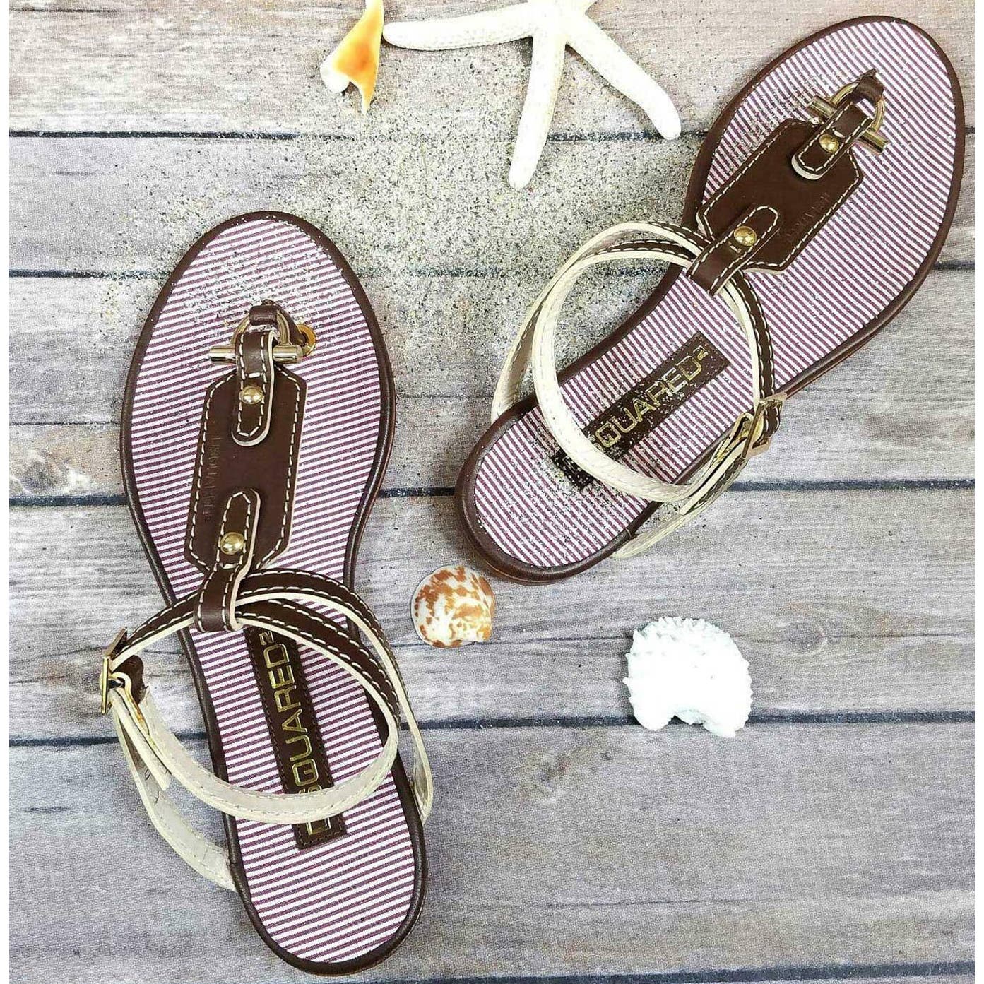 Dsquared2 Women US 6 Gold Brown Leather T-Strap Flat Thong Sandals