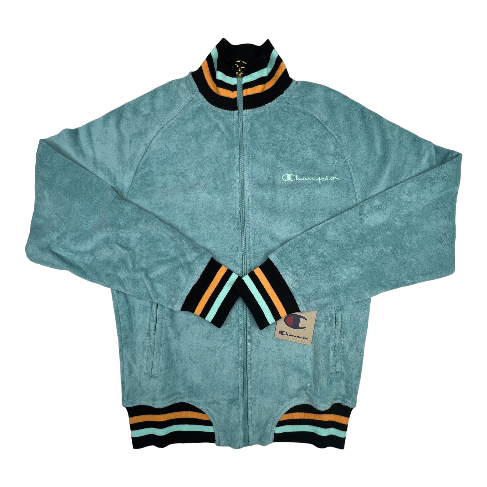 Champion Men Blue Turquoise Jacket US XS Velor Bomber Striped Cuffs