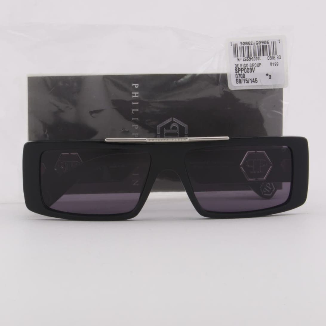 Men Designer Sunglasses SPP003V-0700 Slim Black Rectangular Frame