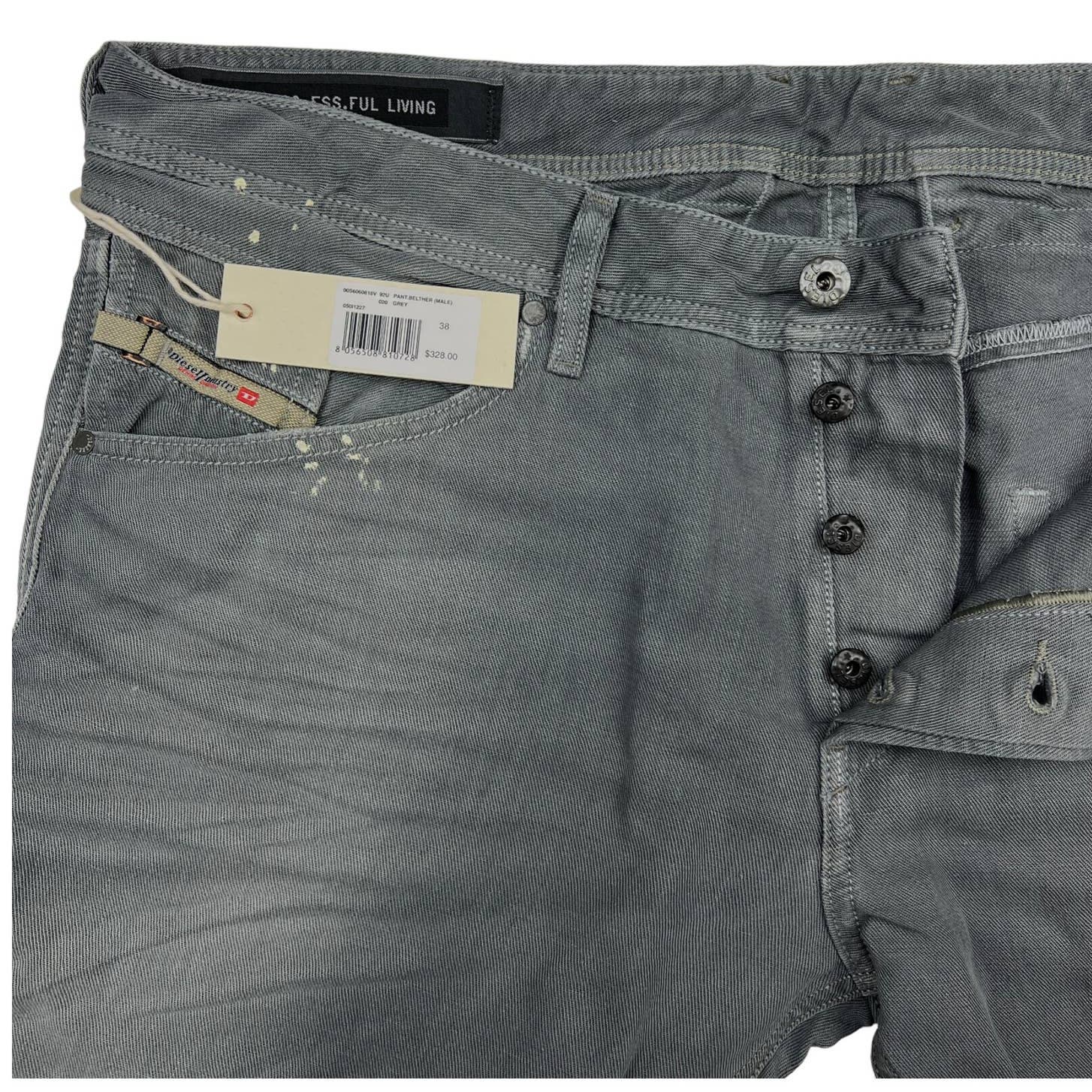 Diesel Men Grey Jeans Slim Fit US 38 Buttons Linen Cotton