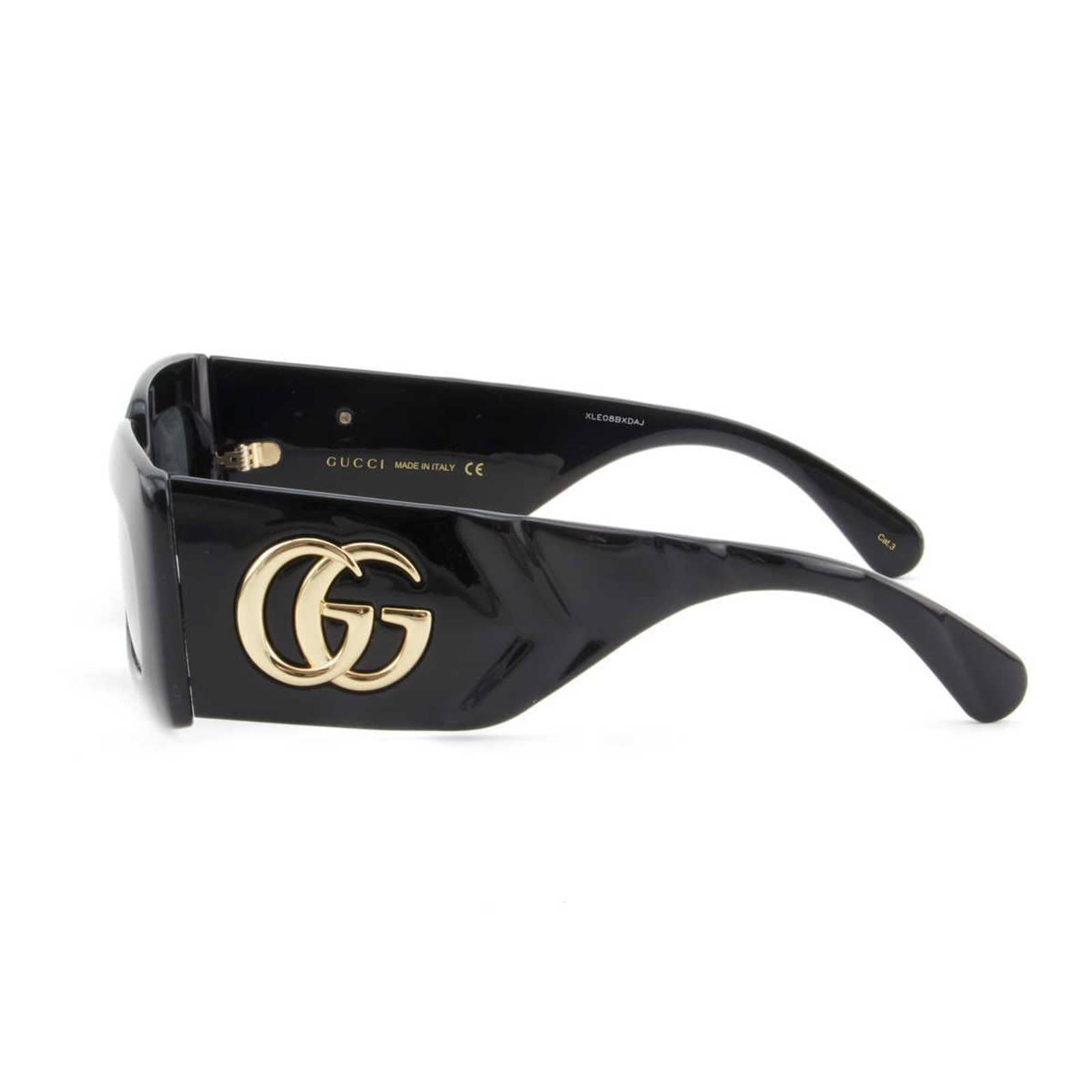Gucci Black Rectangular Sunglasses GG0811S-001 Gold GG Temples Gray Lens