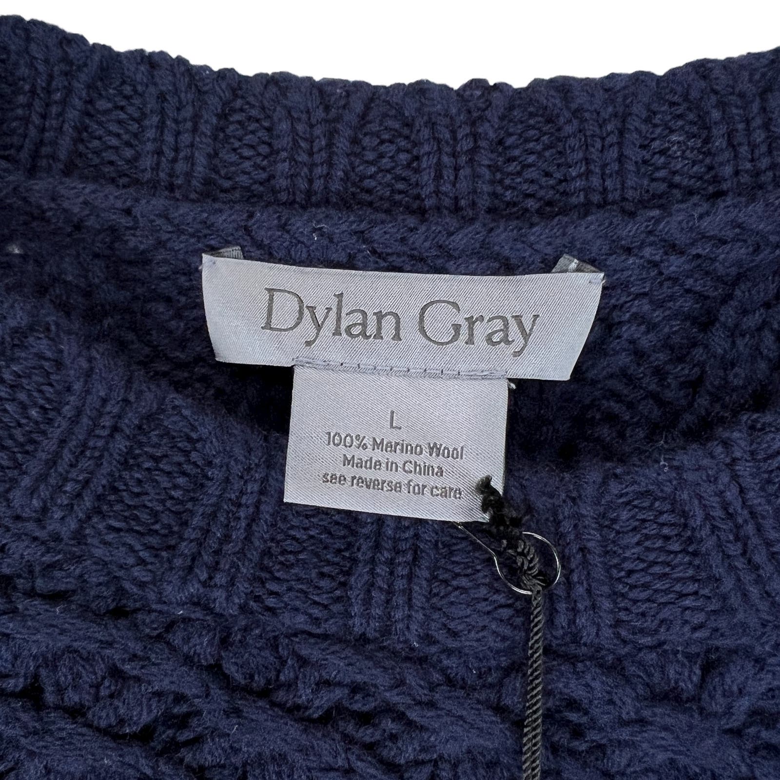 Dylan Gray Men Navy Merino Wool Sweater US L Cabled Yoke Pullover