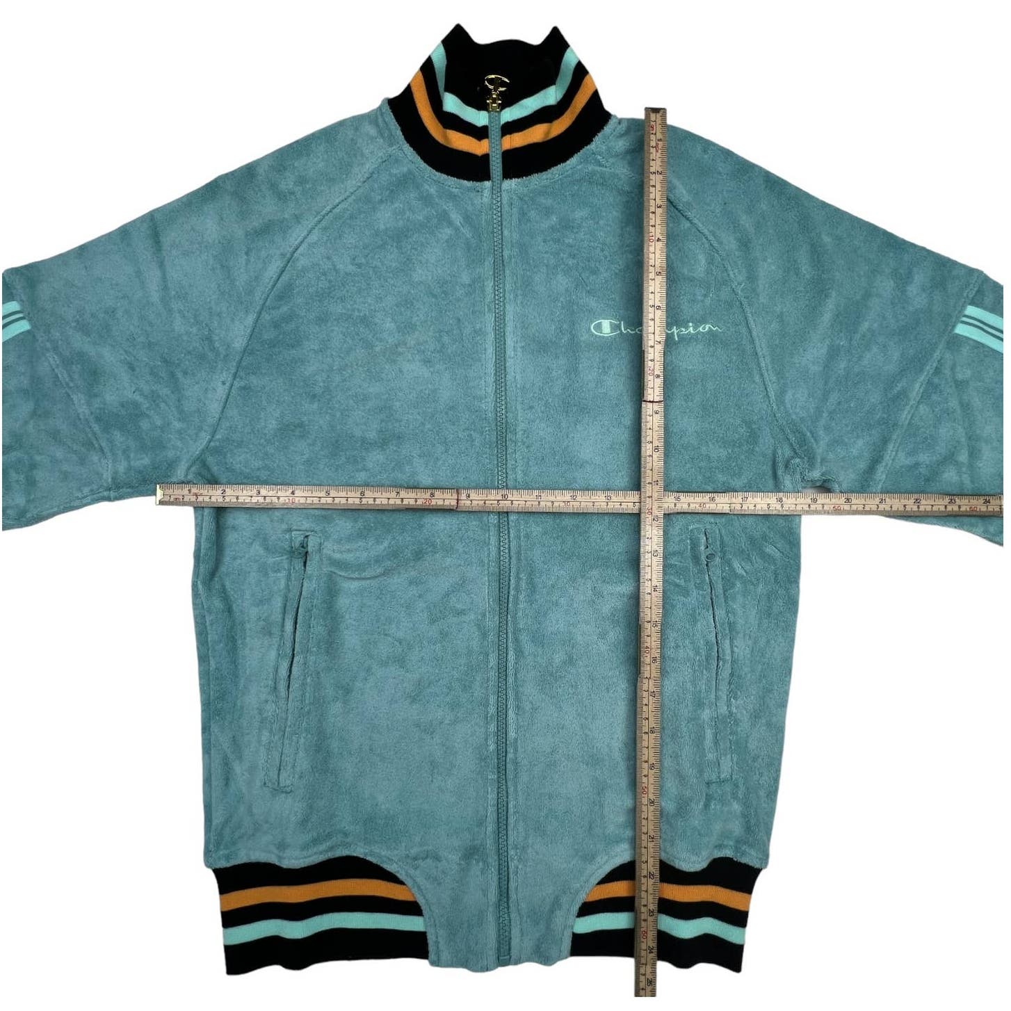 Champion Men Blue Turquoise Jacket US XS Velor Bomber Striped Cuffs