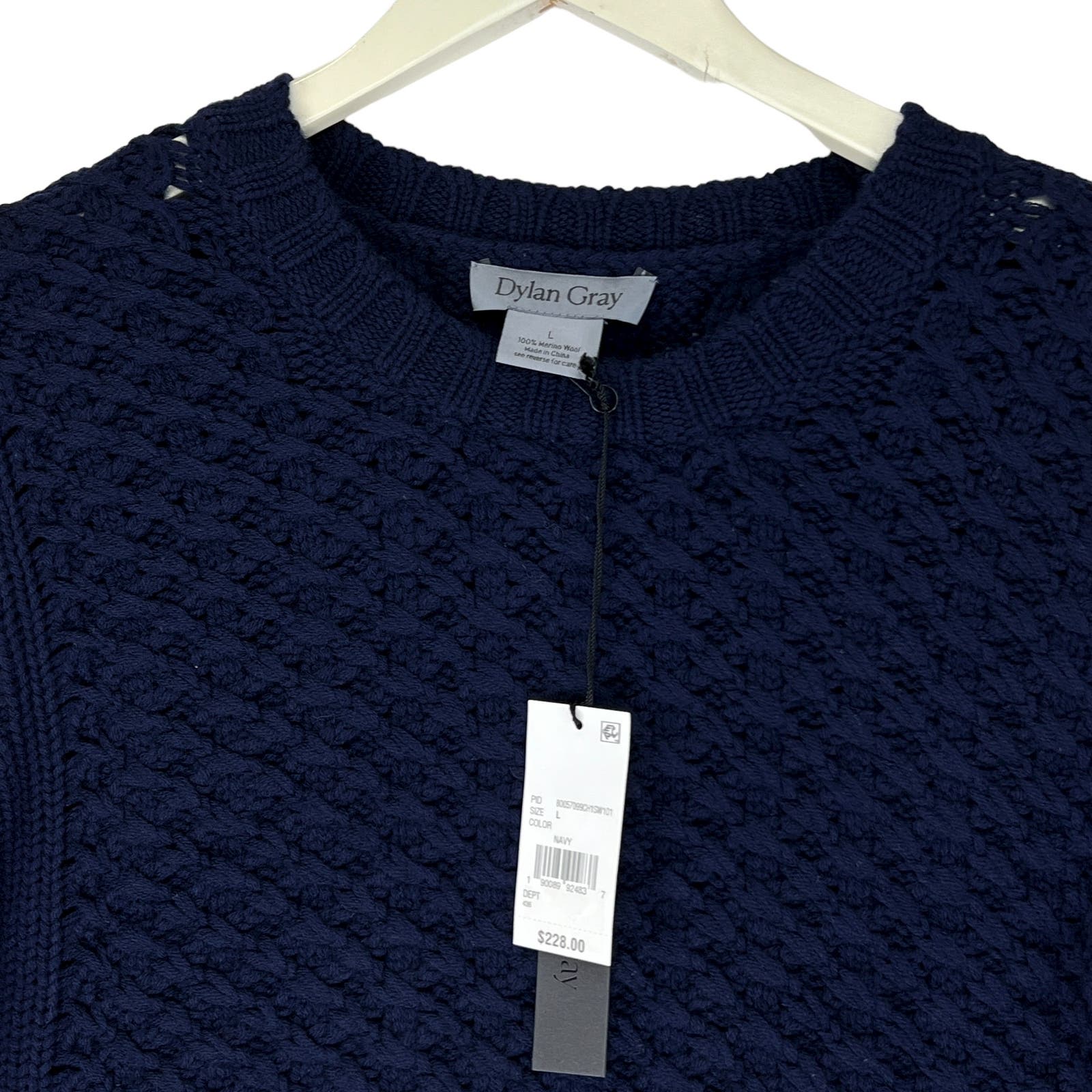 Dylan Gray Men Navy Merino Wool Sweater US L Cabled Yoke Pullover